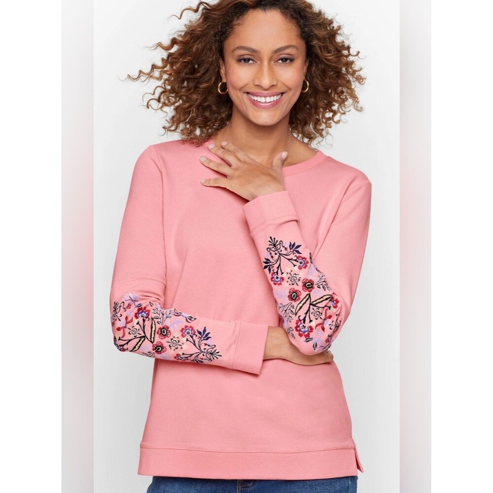 Talbots Embroidered Crewneck Sweatshirt Rose Pink Size 1XP 100% Cotton